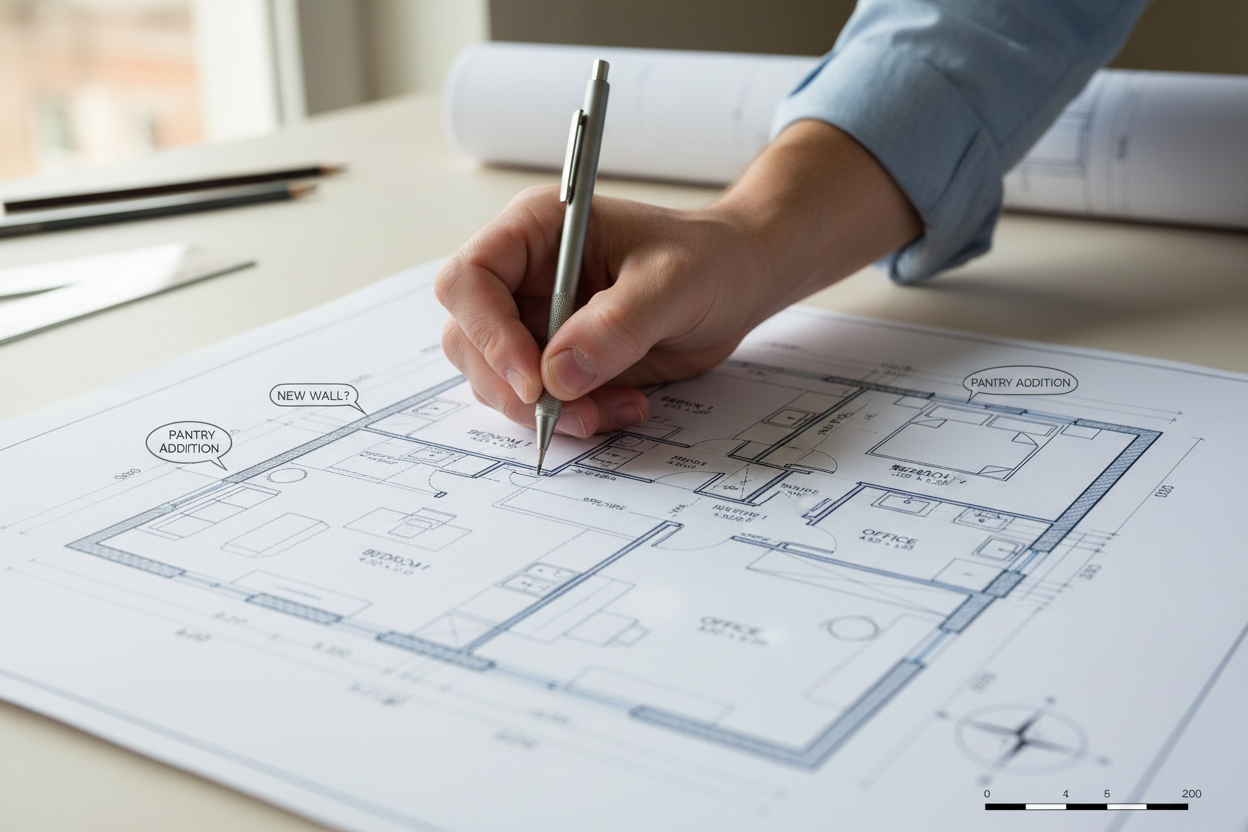 planimetria con mano che disegna